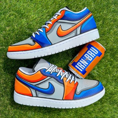 Custom Jordan 1, Orange Cartoon, Custom Jordan, Irn Bru, Custom Sneakers Diy, Custom Jordans, Futuristic Shoes, Custom Painted Shoes, Custom Shoes Diy