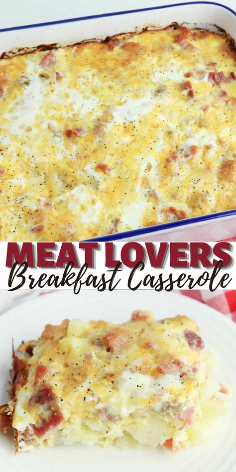 Meat Lovers Breakfast Casserole | Dine Dream Discover 3 Meat Breakfast Casserole, Sausage Bacon Ham Egg Casserole, Peameal Bacon Recipes Breakfast, Ham And Bacon Breakfast Casserole, Ham And Sausage Breakfast Casserole, Meat Lovers Breakfast Casserole, Leftover Breakfast Sausage Recipes, Meaty Breakfast Casserole, Canadian Bacon Breakfast Casserole