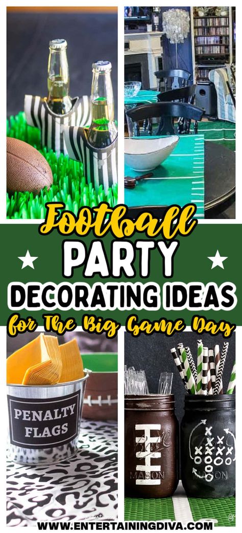 Football Party Decorating Ideas (For The Best Super Bowl Party Ever!) Super Bowl Decorations Ideas, Iron Bowl Party Ideas, Football Team Dinner Ideas, Football Party Ideas Decorations, Football Game Decorations, Football Decorations Party, Diy Football Party Decorations, Football Theme Party Decorations, Super Bowl Party Decorations