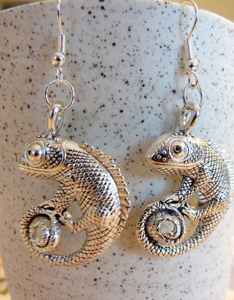 Chameleon Earrings Cute Chameleon Large Earrings Seriously | Etsy Chameleon Earrings, Manatee Earrings, Cute Chameleon, Salamander Jewelry, Axolotl Earrings, Silver Cat Design Dangle Earrings, Ocean Earrings, Third Anniversary, Bunny Earrings