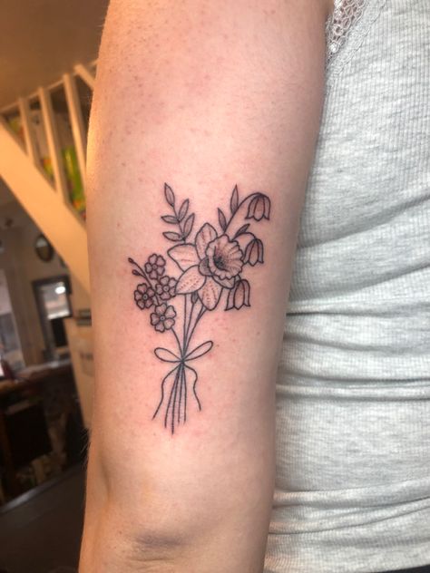 Daffodil Daisy Lily Of The Valley Tattoo, Daffodil Memorial Tattoo, Daffodil Wrap Around Tattoo, Daffodil And Cherry Blossom Tattoo, Lily Of The Valley And Daffodil Tattoo, Daffodil And Lily Of The Valley Tattoo, Lily Of The Valley Bouquet Tattoo, Daffodils Tattoo, Momma Tattoo