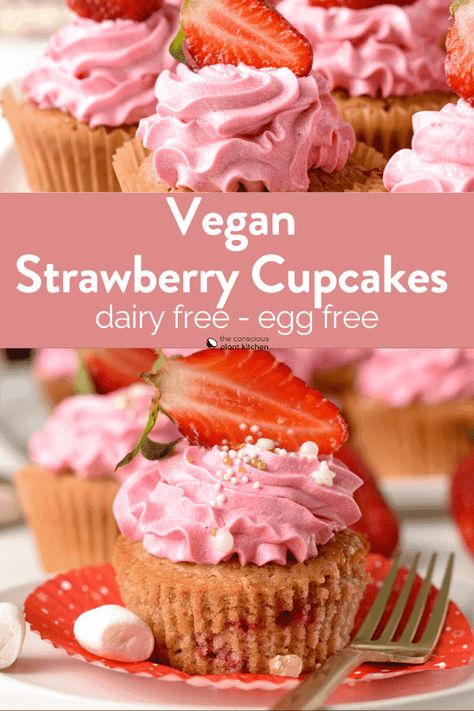 Vegan Strawberry Cupcakes Vegan Baby Shower Food, Vegan Strawberry Cupcakes, Strawberry Cupcake Recipe, Strawberry Cupcake Recipes, Vegan Vanilla Cupcakes, Cake Mix Cupcakes, Vegan Chocolate Cupcakes, Vegan Frosting, Strawberry Cupcake