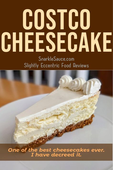 A slice of white cheesecake from Costco sitting on a white plate on a wooden table. Costco Cheesecake Makeover, Costco Cheesecake Recipe, Costco Cheesecake Hack, Costco Copycat Recipes, Costco Cheesecake, Costco Desserts, Costco Cakes, Costco Copycat, Costco Bakery