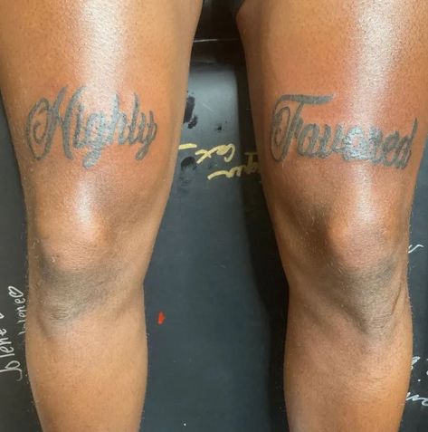 Upper Knee Tattoo Men, Knee Tattoos Women Words, Men Thigh Tattoos, Tattoos Above Knee, Above Knee Tattoo Men, Over Knee Tattoo Men, Tattoos Above The Knee, Over The Knee Tattoo Words, Above The Knee Tattoo Quote