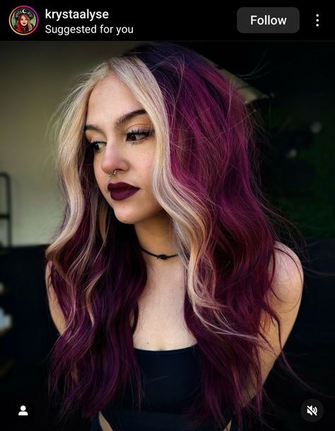 Wine Red And Purple Hair, Magenta Split Dye, Hair Color Blocking Ideas, Split Dyed Hair Ideas, Alternative Hair Dye, Physical Aesthetic, Raspberry Hair Color, Purple Blonde Hair, Raspberry Hair