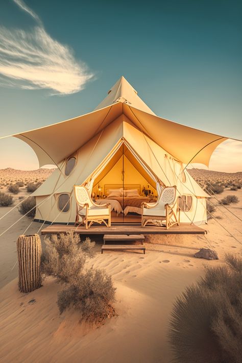 A plush glamping site set amidst natural beauty, featuring comfortable amenities like a hot tub, plush bedding, and ambient lighting. Glamping Yurt, Luxury Yurt Interior, Yurt Glamping Luxury Camping, Sahara Desert Luxury Camp, Mongolian Yurt, Luxury Yurt, Desert Resort, Camping Hacks Diy, Luxury Glamping