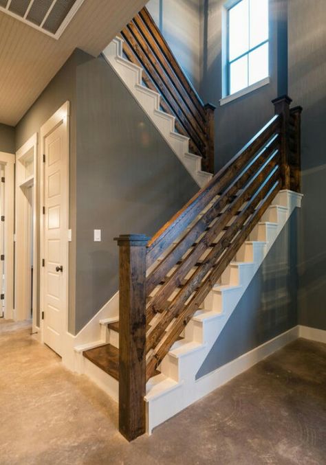 . Farmhouse Staircase, Farmhouse Stairs, Rustic Staircase, Interior Stair Railing, Staircase Design Modern, Staircase Railing Design, House Staircase, Staircase Ideas, Stair Railing Design