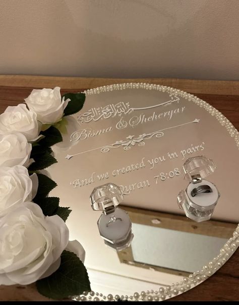 Cute Nikkah Ideas, Nikkah Cake Ideas Simple, Ring Plates Nikkah, Nikkah Gift Ideas For Bride, Simple Islamic Wedding, Katb Ketab Decorations, Nikkah Decor At Home, Small Nikkah Ideas, Nikkah At Home