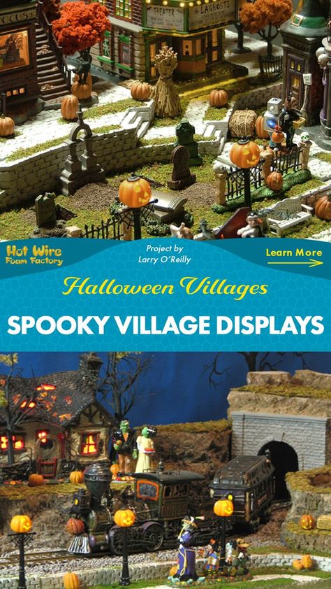 several spooky halloween village displays with foam bases featuring cobblestone designs, model trains, carnival rides, and more Carved Stone Wall, Halloween Train, Dollhouse Crafts, Department 56 Halloween, Halloween Village Display, Foam Factory, Decorations For Halloween, Harvest Farm, Village Ideas