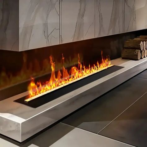 Water Vapor Fireplace, Vapor Fireplace, Fireplace Modern Design, Steel Water Tanks, Gorgeous Fireplaces, Electric Fireplace Wall, Water Vapor, Water Mist, Traditional Fireplace