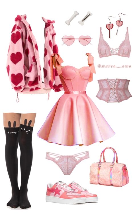 Lovecore Aesthetic Clothes, Valentine Outfit Ideas For Women, Heart Theme Outfit, Heart Core Outfits, Goth Lovecore Outfit, Soft Lovecore Aesthetic Outfits, Love Themed Outfits, Valentines Day Outfit Ideas Aesthetic, Bimbocore Aesthetic Outfits