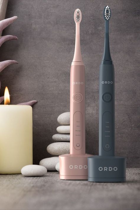 Ordo Rose Gold and Charcoal Grey Sonic+ Toothbrush  with candle and pebbles. Toothbrush Design, Best Toothpaste, Travel Toothpaste, The Artist's Way, Plaque Removal, Sonic Electric Toothbrush, Sonic Electric, Electric Brush, Sonic Toothbrush