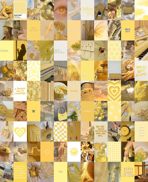 Yellow Pictures For Wall Collage, Vintage Wall Collage, Photos Wall Decor, Yellow Posters, Yellow Photos, Preppy Yellow, Yellow Collage, Preppy Wall Collage, Easy Christmas Drawings