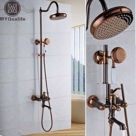 High Quality Oil Rubbed Bronze Bathroom Shower Faucet Kit Rose Golden Wall Mount Bath and Shower Mixers Rain 8" Shower Head Bronze Shower Fixtures, Golden Bathroom, Copper Shower Head, Rubbed Bronze Bathroom, Oil Rubbed Bronze Bathroom, Bathroom Shower Faucets, Bronze Bathroom, Golden Wall, Shower Fixtures