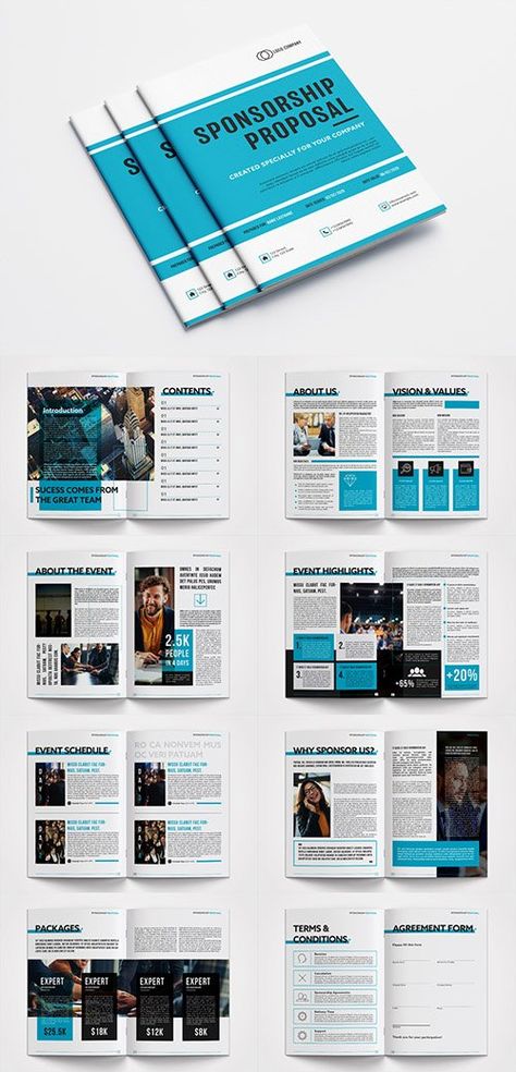 Sponsorship Proposal Layout with Blue Accents - Brochure Templates - Free PSD Templates Charity Proposal Design, Sponsorship Brochure Templates, Fundraising Proposal Template, Event Sponsorship Proposal Templates, Event Proposal Design Layout, Sponsorship Packet Design, Sponsor Package Design, Sponsorship Package Template, Sponsorship Brochure Design