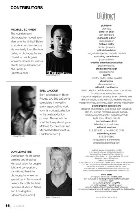 LA Direct Magazine october 2008 masthead Masthead Design Magazine, Magazine Masthead Design, Editor's Note Magazine, Masthead Magazine, Magazine Masthead, Masthead Design, Scott Michael Foster, Design Newspaper, Webpage Layout