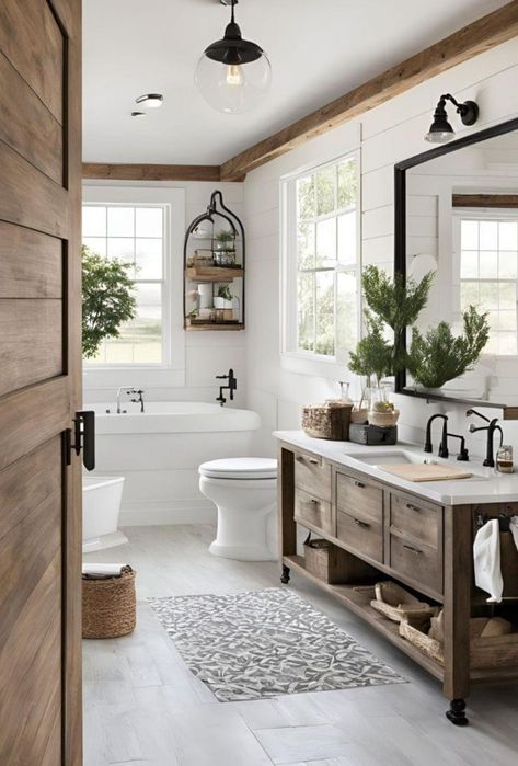 Modern Farmhouse Bathroom Ideas, Beautiful Modern Farmhouse, Farmhouse Bathroom Ideas, Rustic Farmhouse Bathroom, Bathroom Farmhouse Style, Bathroom Remodel Pictures, Restroom Decor, Bathroom Redesign, Modern Farmhouse Bathroom