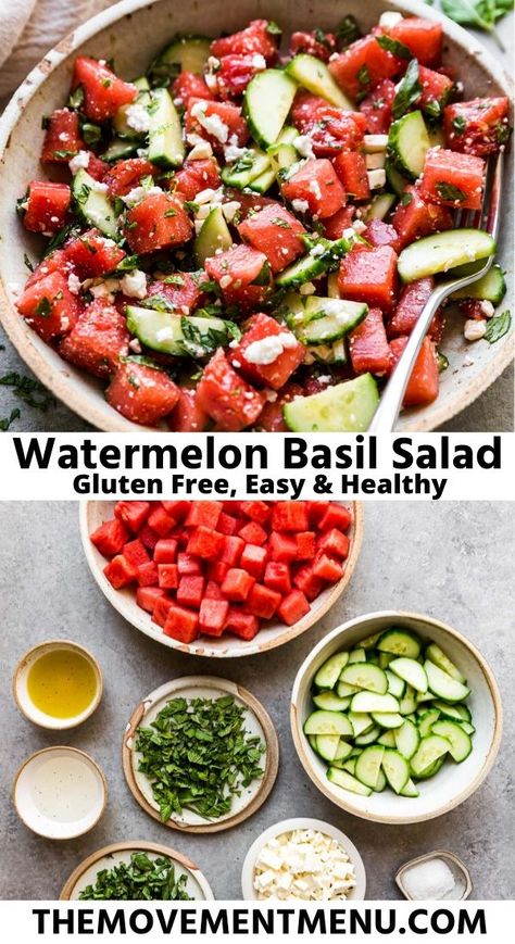 Watermelon Basil Salad, Watermelon Basil, Basil Salad, Clean Eating Salads, Salad With Feta, Mint Salad, Watermelon And Feta, Watermelon Salad, Summer Eating