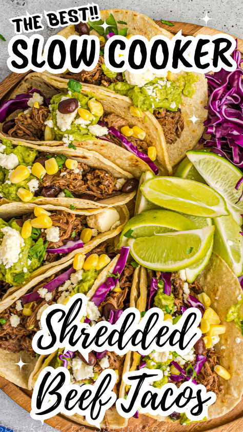 These Slow Cooker Shredded Beef Tacos are bright, colorful, tasty, and perfect for busy summer days! Tender beef marinated in a zesty tequila lime sauce and slow-cooked to perfection served on warm tortillas with all the best toppings. Tequila Lime Sauce, Slow Cooker Brisket Recipes, Slow Cooker Shredded Beef, Shredded Beef Tacos, Slow Cooker Brisket, Family Breakfast Recipes, Beef Tacos, Best Instant Pot Recipe, Lime Sauce