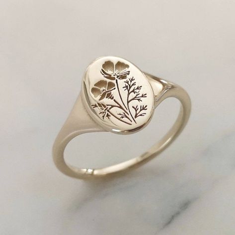 Poppy ring 14k gold California Poppy signet birth flower | Etsy Poppy Ring, Flower Wedding Band, Letter Flower, Rings Aesthetic, Wedding Bride Jewelry, Ring Fashion, Party Rings, Anniversary Jewelry, Stud Jewelry