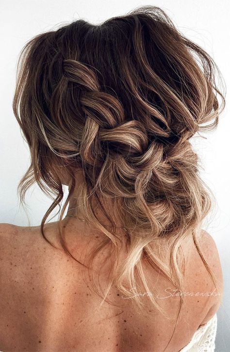 23. Textured Chunky Braid Updo When it comes to hairdo, the updo is one elegant hair style that never does seem to go out... Beach Wedding Hairstyles, Hairstyle Prom, Messy Hair Look, Bridemaids Hairstyles, Hairstyle Blonde, Prom Hairstyle, Wedding Hair Up, Guest Hair, Bridesmaid Hair Makeup