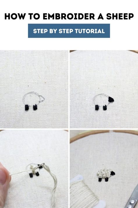 Sheep Embroidery Ideas, Embroidery Creative Ideas, Embroidered Sheep Hand Embroidery, Embroidery Sheep Tutorial, Fall Embroidery Tutorial, Black Sheep Embroidery, Lamb Embroidery Pattern, Embroidery Simple Design Ideas, Simple Animal Embroidery Designs