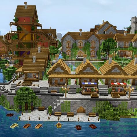 MinecraftGranny on Instagram: “Today I have finished the western part of Brexitville with a fishmarket and can begin to build on the empty surfaces of the southern part.…” Minecraft Farm Village Ideas, Minecraft Harbor Town, Minecraft Shipping Dock, Minecraft Sea Village, Minecraft Merchant Stall, Fishing Village Minecraft, Minecraft River Village, Minecraft Shopping District, Minecraft Coastal Village