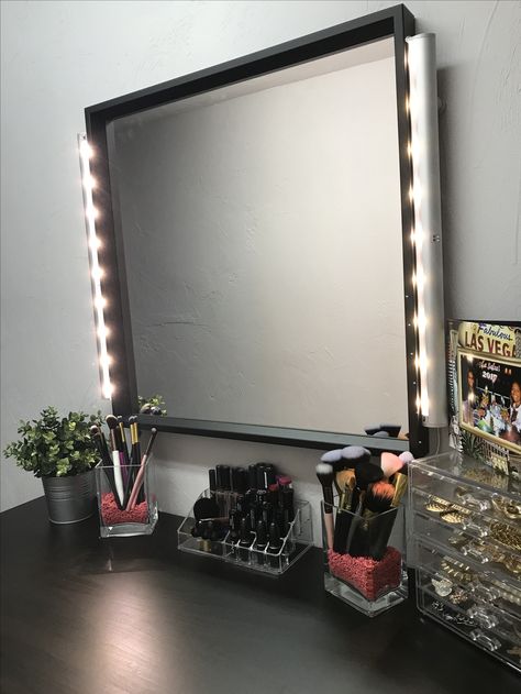 DIY Hollywood mirror using: IKEA STRIBERG lighting and NISSEDAL mirror.  Under $100!! Ikea Mirror Lights, Nissedal Mirror Hack, Mirror With Lights Ikea, Hollywood Mirror Ikea, Nissedal Mirror, Makeup Desk Hollywood Mirror, Ikea Dressing Table Mirror With Lights, Mirror Hack, Ikea Vanity