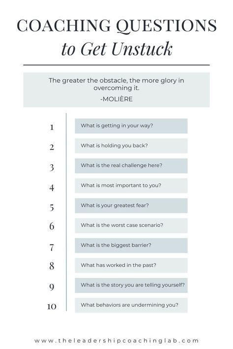 How To Get Unstuck, Career Coaching Tools, Feeling Stagnant, Empowerment Coaching, Leadership Development Activities, Wellness Coaching Business, Good Leadership Skills, Life Coach Business, Coaching Questions