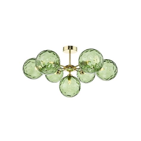 Polished Gold Light with Green Dimpled Glass | Lighting Company UK Lighting Companies, Space Race, The Sixties, Semi Flush Lighting, Semi Flush Ceiling Lights, Sputnik Chandelier, Gold Light, Low Ceiling, Flush Ceiling Lights