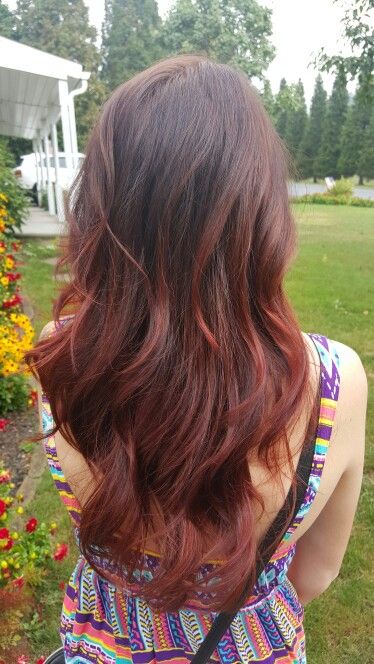 Dark brown hair with red ombre Dark Red Hair Over Brown, Brown Hair With Red Balayage Highlights, Red Brown Hair Ombre, Brown Into Red Ombre, Light Brown To Red Ombre, Reddish Brown Ombre Hair, Brown On Top Red On Bottom Hair, Ombre Brown To Red Hair, Light Red Ombre Hair