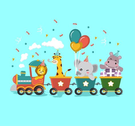 Animal safari birthday train kids childr... | Premium Vector #Freepik #vector Train Cartoon, Animal Vector Illustration, Cartoon Wall Painting, Train Illustration, Train Wall Art, Kids Playroom Furniture, Birthday Cartoon, Watercolor Birthday Cards, Animal Vector