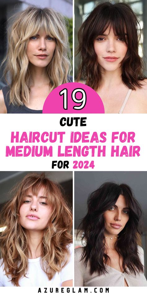 Bid adieu to lackluster hair in 2024 and embrace an era of contemporary style with our avant-garde haircut ideas for medium length hair. Whether you covet layers that infuse texture or crave the elegance of bangs, our collection offers an orchestra of choices designed to cater to diverse preferences. Witness the transformative power of these haircuts as they breathe life into your hair's natural charm. Collarbone Length Haircut With Bangs, Hair Long Bob With Bangs, Haircuts With Bangs Medium Length, Womens Short Hairstyles With Bangs, Woman’s Medium Haircut, 2024 Thick Hair Cuts, Medium Length Haircuts 2024, Medium Length Hair With Textured Layers, Haircuts To Create Volume