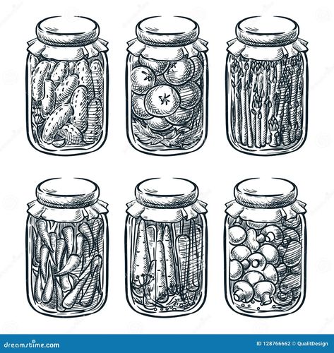 Illustration about Pickled vegetables and mushrooms in glass jar, vector sketch illustration. Home made preserves hand drawn design elements. Illustration of kitchen, grocery, asparagus - 128766662 Jar Of Pickles Drawing, Jar Drawing, Mushroom Vegetable, Vegetable Illustration, Pickled Vegetables, Pickle Jars, Vector Sketch, Small Sewing Projects, Hand Drawn Design