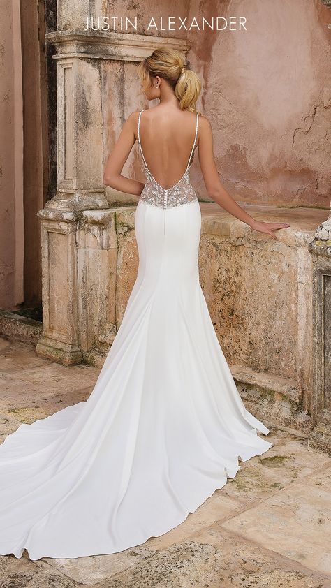 Style 88036: This fashion-forward look will stun your guests as you walk down the aisle on your big day. Featuring beaded spaghetti straps with illusion beaded cutout sides and back. The chapel length train completes the look. Elegant Wedding Dress Fitted, Country Bridal Gown, Wedding Dresses Spaghetti Strap, Justin Alexander Wedding Dress, Elegant Bridal Dress, Bridal Gowns Mermaid, Wedding Dresses 2018, Justin Alexander, White Wedding Dress