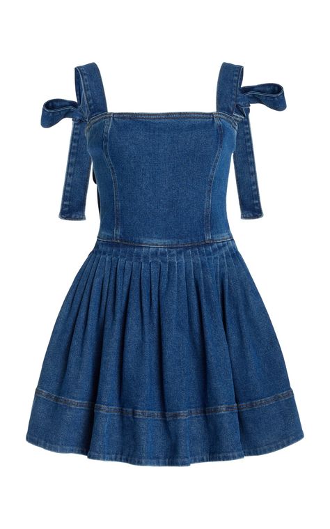 Oscar de la renta Denim Slip Dress, Cute Denim Dress, Childish Dress, Denim One Piece Dress, Denim Dress Outfit Ideas, Bows Outfit, Denim Dress Outfit, Sleeveless Denim Dress, Denim Inspiration