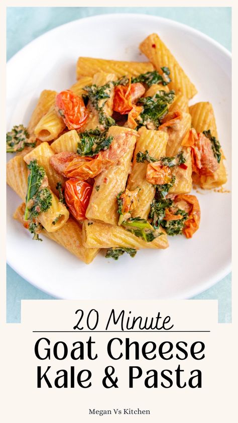 Goat cheese and Kale Pasta has a creamy goat cheese sauce with juicy cherry tomatoes, kale, and loads of garlic. This only takes 20 minutes and is so so easy to make! Tomato Goat Cheese Pasta, Fun Pasta Shapes, Goat Cheese Sauce, Baked Feta Recipe, Tomato Goat Cheese, Fun Pasta, Cheese Pasta Recipes, Kale Pasta, Goat Cheese Pasta