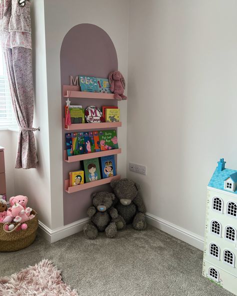 #readingcorner #bookshelf #readin #bookworm #girlsbedroomideas #purplebedroom #bedroomdecoration Girls Bookshelf Ideas, Purple Toddler Room, Bookshelf Kids Room, Girls Bookshelf, Reading Corner Kids, Lego Room Decor, Kids Room Shelves, Kids Room Bookshelves, Bedroom Wall Decor Ideas