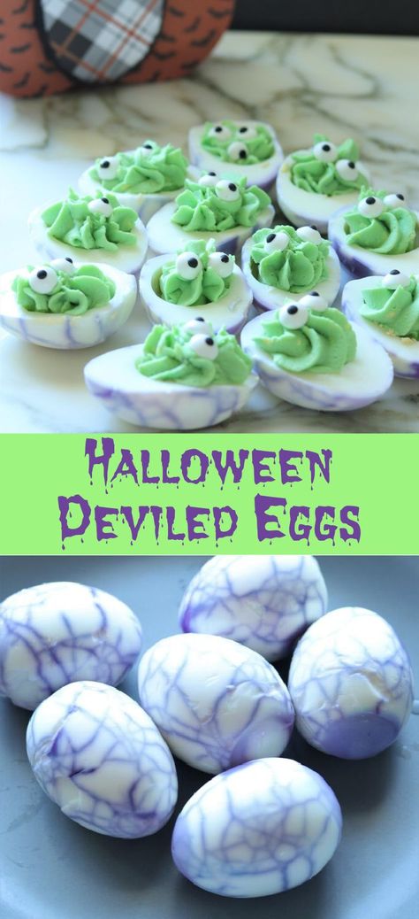 Halloween deviled eggs are a fun treat and activity for your kids. They are perfect for this time of year. Just a little creepy, but a much better treat than candy. This recipe combines eggs, mayonnaise, Dijon mustard, black pepper, and salt to make the perfect deviled eggs, then add some Green food coloring and some Edible eyes for a Halloween touch! If you do not want to add edible eyes, you can always use chia seeds sprinkled on top, or paprika.  Or you could use olives, whole or sliced. Monster Deviled Eggs, Eyeball Deviled Eggs Recipe, Eye Ball Deviled Eggs, Halloween Deviled Eggs Eyeballs, Eyeball Deviled Eggs, Halloween Bbq, Colored Deviled Eggs, Halloween Eggs, Halloween Deviled Eggs