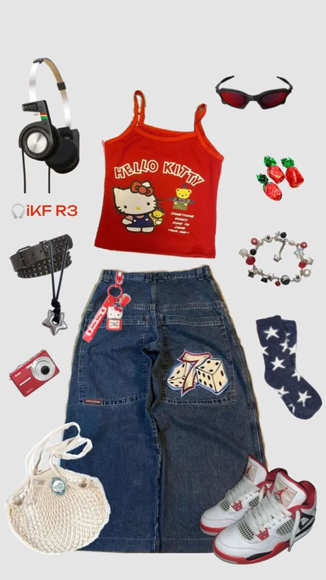 #y2kaesthetic #y2kfashion #redaesthetic #hellokittycore #vintagefashion #ikfheadphones #headphones Hello Kitty Outfit, Kitty Outfit, Silly Clothes, Funky Outfits, Swaggy Outfits, Cute Everyday Outfits, Really Cute Outfits, Edgy Outfits, Lookbook Outfits