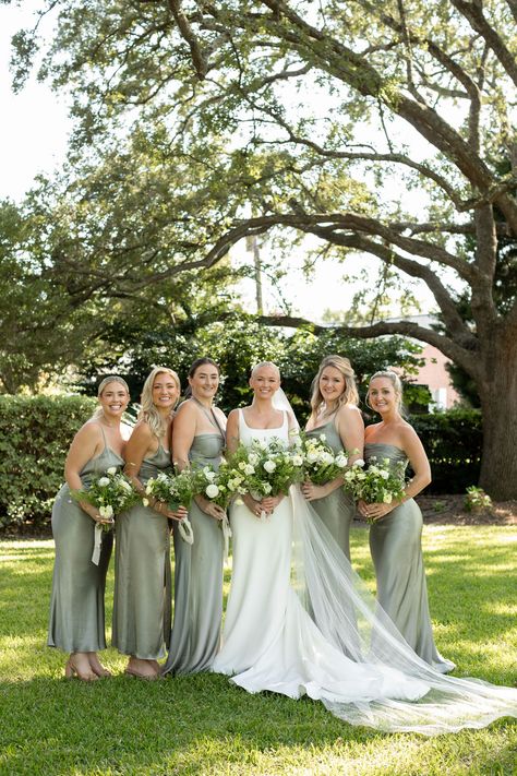 Elegant Silk Sage Green Bridesmaid Squad Photos for a Timeless Look 💚✨ Sage Green Silk Bridesmaid Dresses, Eucalyptus Green Bridesmaid Dresses, Green Bridesmaid Dresses Mismatched, Mismatched Green Bridesmaid Dresses, Light Green Bridesmaid Dresses, Spring Wedding Bridesmaids, Bridesmaid Dresses Green, Bridesmaid Squad, Sage Green Bridesmaid Dresses