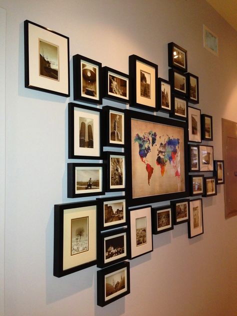 Hey guys, I thought I would share a little information on the travel wall I did in the loft with Amos. I am excited to say that if you typ... Travel Photo Wall, Travel Photos Display, Travel Themed Room, Travel Gallery Wall, Travel Room, Travel Wall Decor, Photo Wall Gallery, Framed Pictures, Decoration Photo