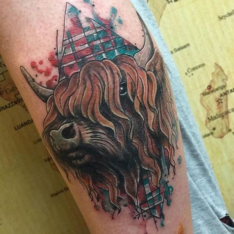 Scottish Tartan Tattoo, Scotland Flag Tattoo, Scottish Themed Tattoos, Highland Coo Tattoo, Traditional Scottish Tattoo, Scottish Cow Tattoo, Scottish Flag Tattoo, Scottish Tattoos For Women Scotland, Scottish Unicorn Tattoo