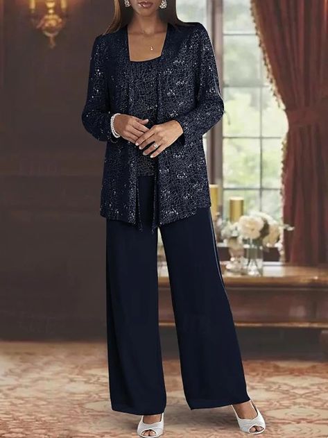 Jumpsuit / Pantsuit 3 Piece Mother of the Bride Dress Wedding Guest Grandmother Elegant Scoop Neck Floor Length Chiffon Lace Sleeveless Wrap Included with Sequin 2024 2024 - $139.99