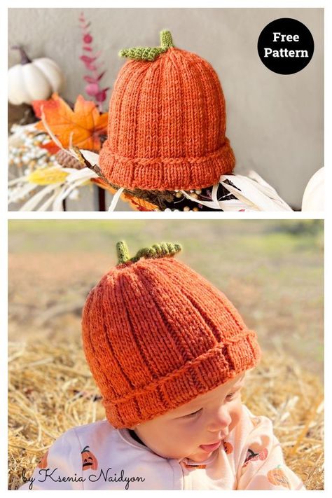 Pumpkin Knit Hat, Pumpkin Hat Knitting Pattern, Knitted Pumpkin Hat Free Pattern, Knitting Halloween Patterns, Knitted Halloween Patterns Free, Knit Pumpkin Hat, Simple Knit Hat, Heart Hats, Child Hat Knitting Pattern