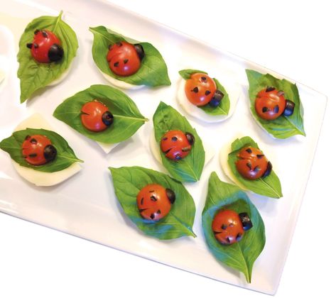 Ladybug Caprese Easter Party Appetizers, Ladybug Caprese, Ladybug Appetizers, Caprese Salad Appetizer, Caprese Appetizer, Bug Snacks, Caprese Bites, Tomato Mozzarella Basil, Caprese Recipes