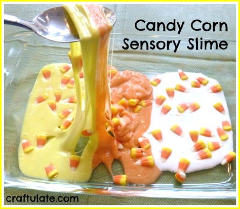 Candy Corn Sensory Slime - decorated with leftover candy corn! Kids Snack Ideas, Sensory Slime, Sensory Processing Activities, Halloween Theme Preschool, Preschool Sensory, Halloween Lesson, Sensory Tubs, Leftover Candy, Leftover Halloween Candy