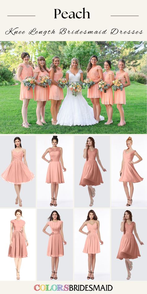 Peach bridesmaid dresses in knee-length, on sale under $100, in 600+ custom-made styles and all sizes. 150+colors, made to order, fast arrived, color sample available. #colsbm #bridesmaids #bridesmaiddresses #weddingideas #peachwedding #kneelengthdress #peachdress b2090 Peach Dress Outfit, Bridesmaid Dresses Peach, Peach Bridesmaid, Peach Bridesmaid Dresses, Knee Length Bridesmaid Dresses, Bridesmaid Dress Styles, Pink Bridesmaid Dresses, Peach Dress, Bridesmaid Dress Colors