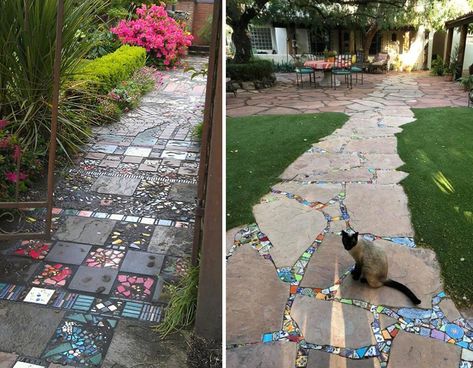 Garden Walkway Ideas, Broken Tile Mosaic, Garden Pathway Ideas, Diy Garden Path, Beautiful Pathways, Diy Rock Garden, Garden Path Ideas, Diy Pathway, Mosaic Walkway