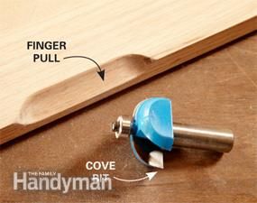 DIY: Furniture Finger Pulls Handleless Cabinets, Woodworking Router Bits, Diy Cabinet Doors, Door Handle Design, The Family Handyman, Furniture Details Design, Finger Pull, Router Woodworking, Router Bit